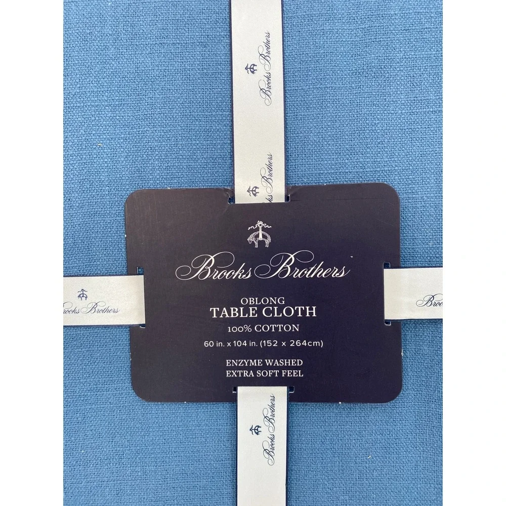 Brooks Brothers Tablecloth 60x104 Blue 100% Cotton Enzyme Washed Soft Oblong